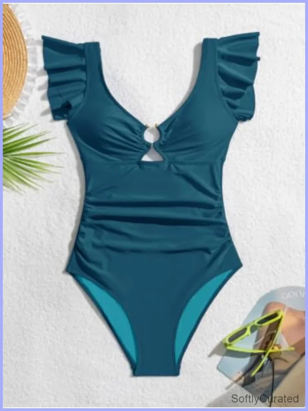 Ruffled One Piece Swimsuit Tummy Control V-Neck Cutout Swimwear